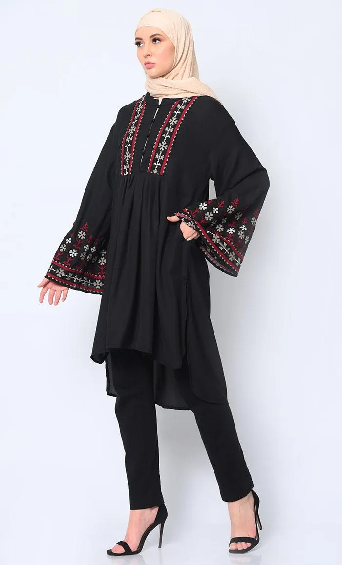 Elegant Machine-Embroidered Black Tunic with Flared Sleeves