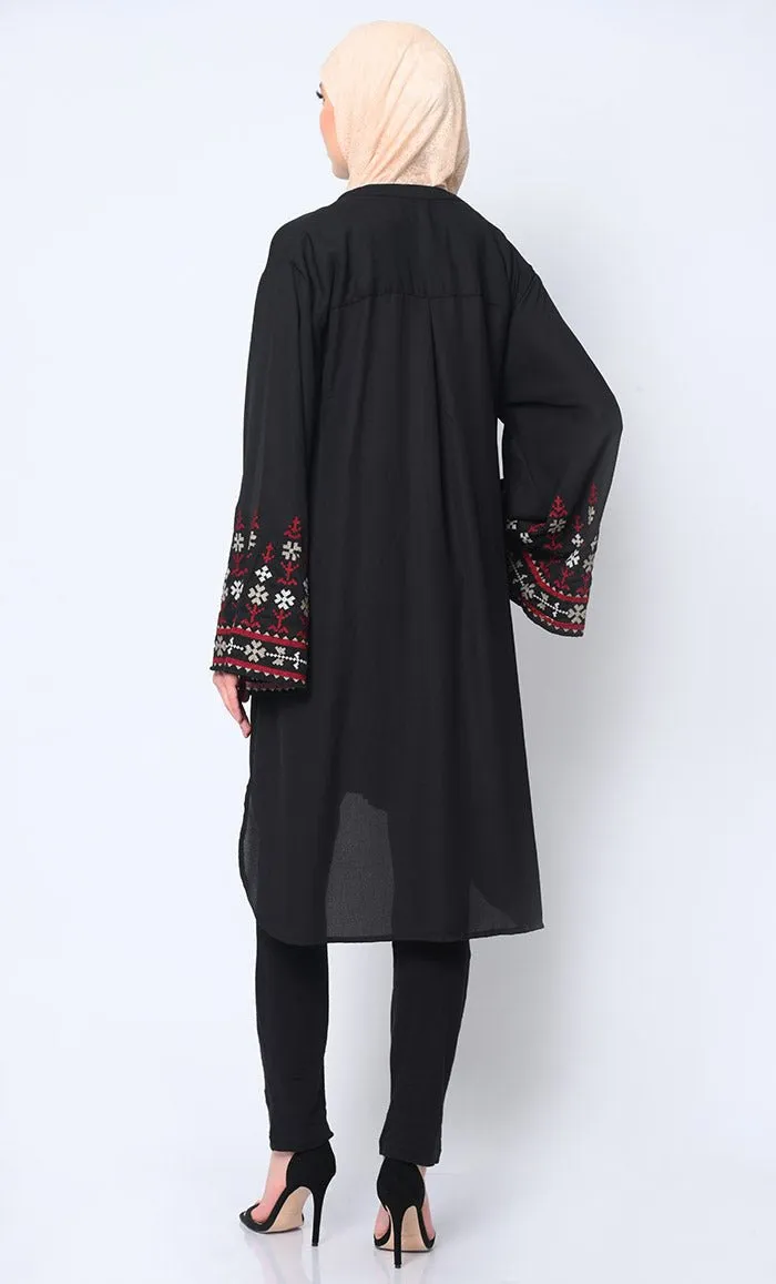 Elegant Machine-Embroidered Black Tunic with Flared Sleeves