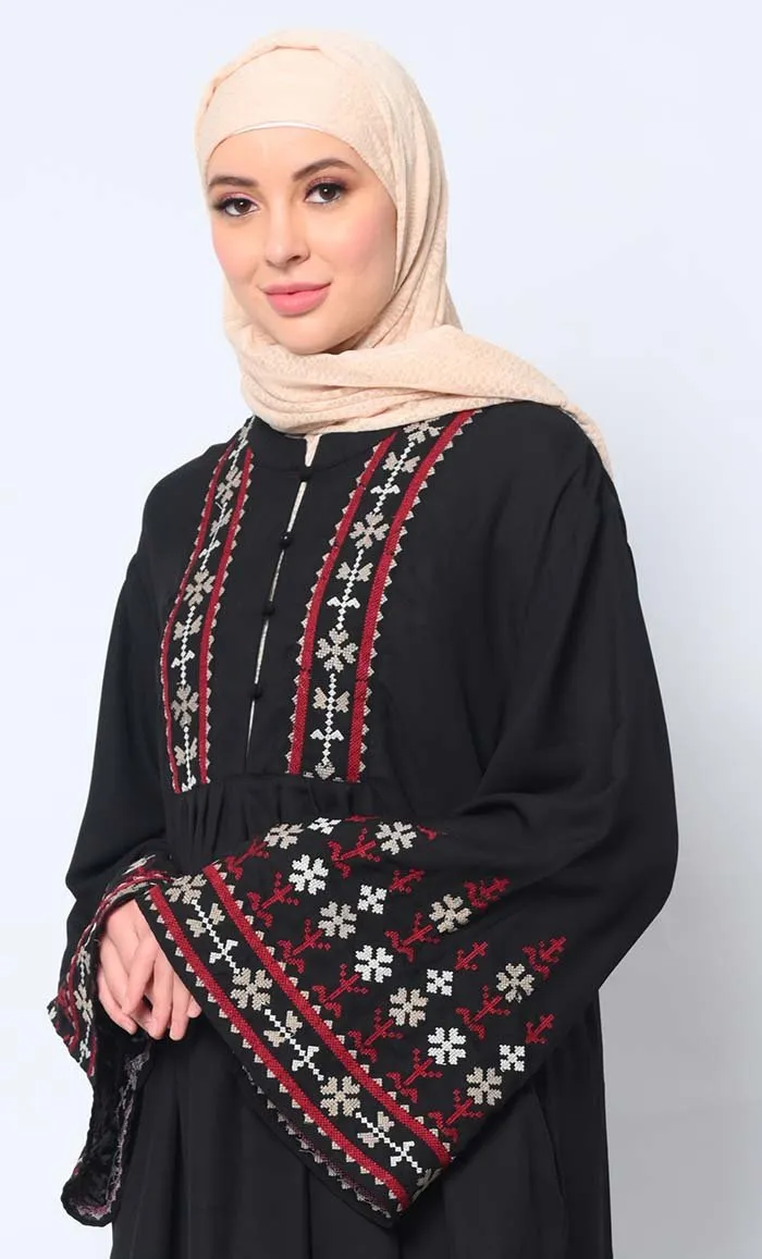Elegant Machine-Embroidered Black Tunic with Flared Sleeves