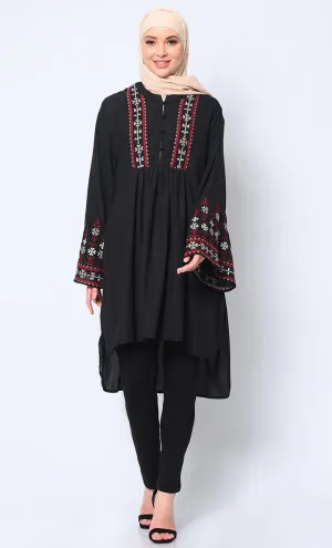 Elegant Machine-Embroidered Black Tunic with Flared Sleeves