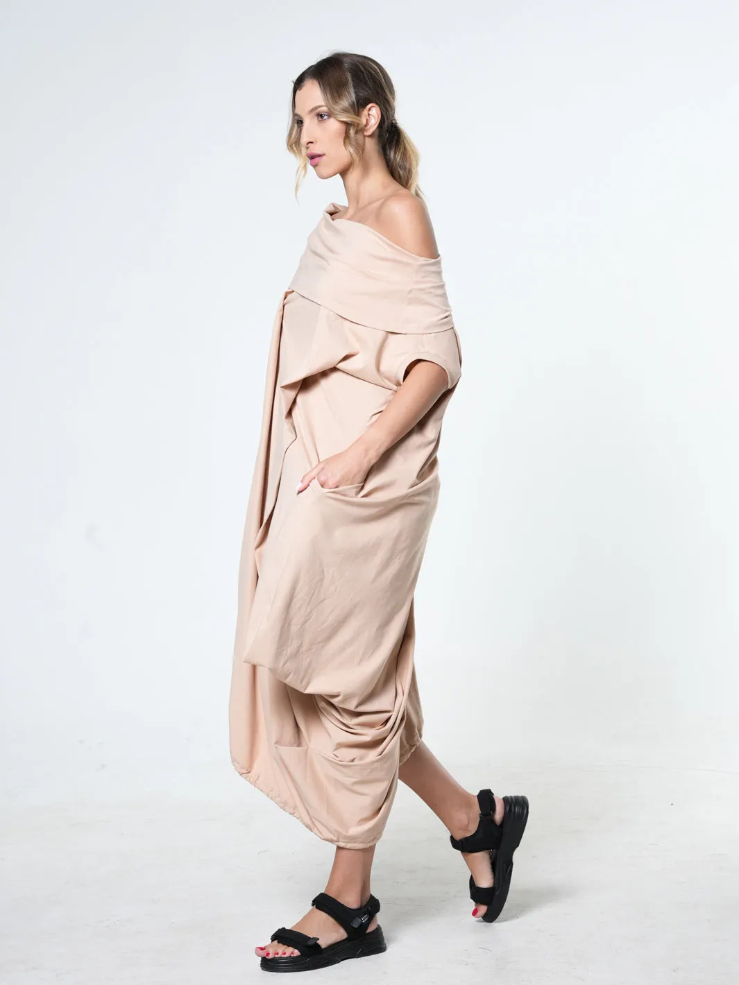 Oversize Cotton Kaftan Dress In Beige