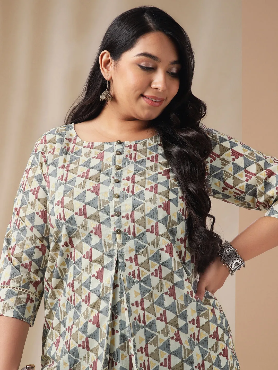 Plus Size Off White Cotton Geometric Tunic