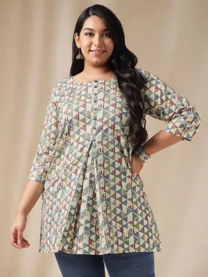 Plus Size Off White Cotton Geometric Tunic