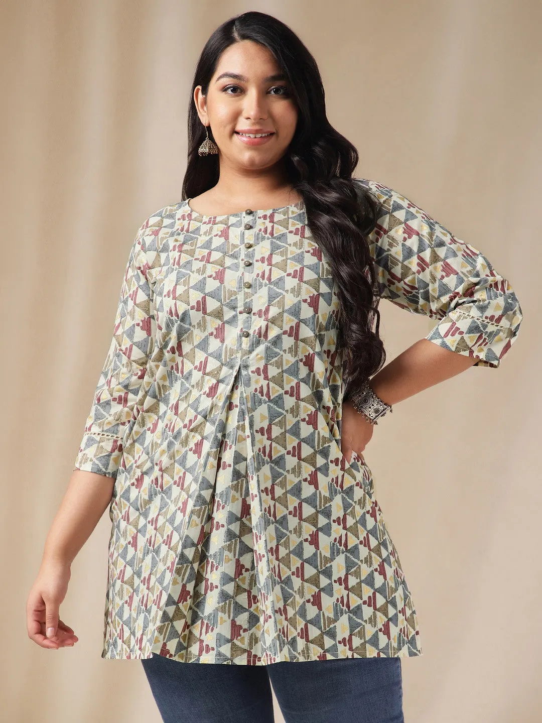 Plus Size Off White Cotton Geometric Tunic