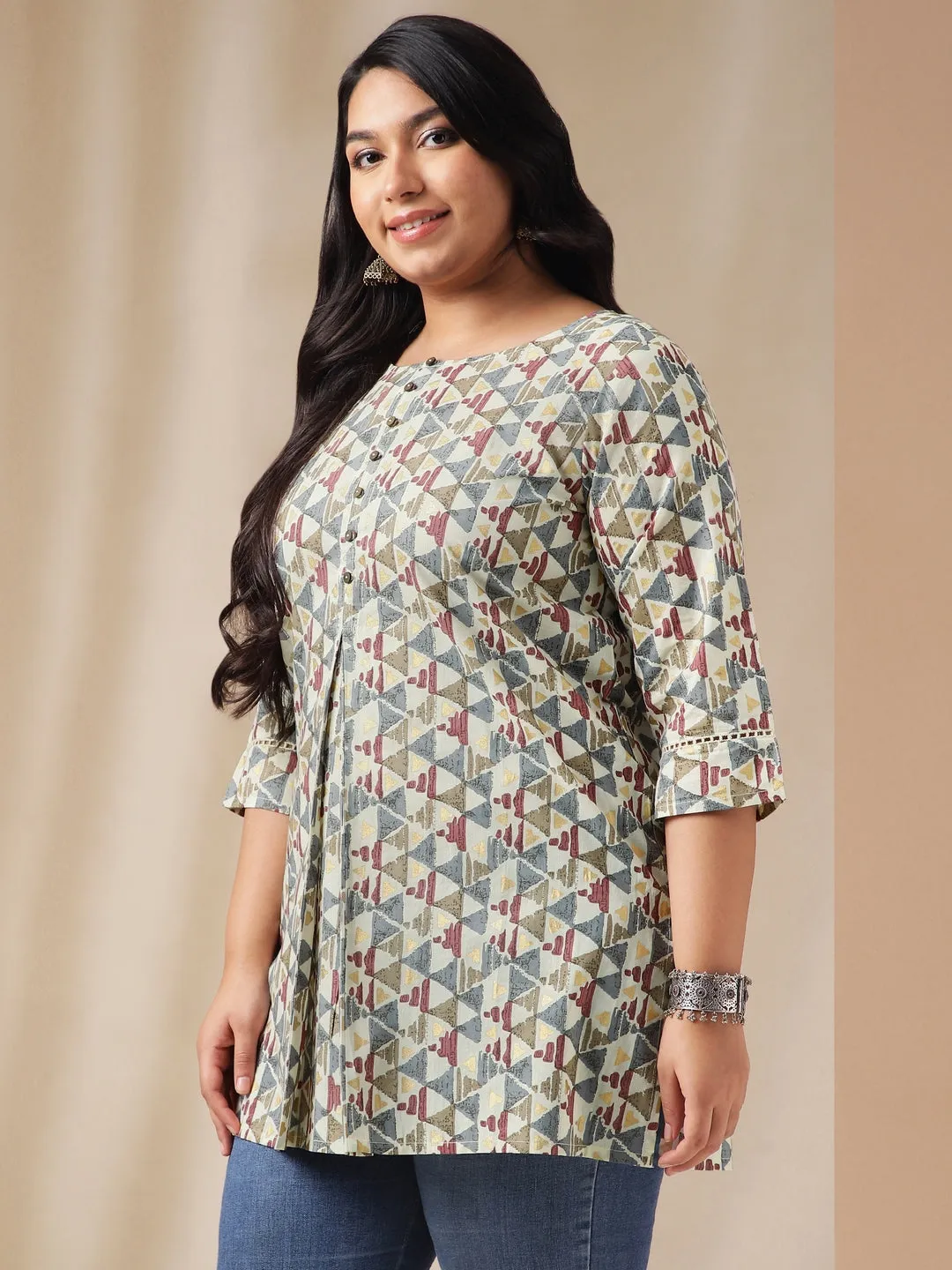 Plus Size Off White Cotton Geometric Tunic