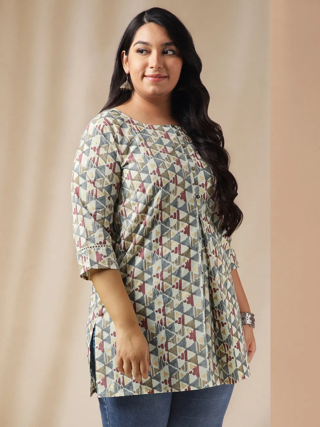 Plus Size Off White Cotton Geometric Tunic